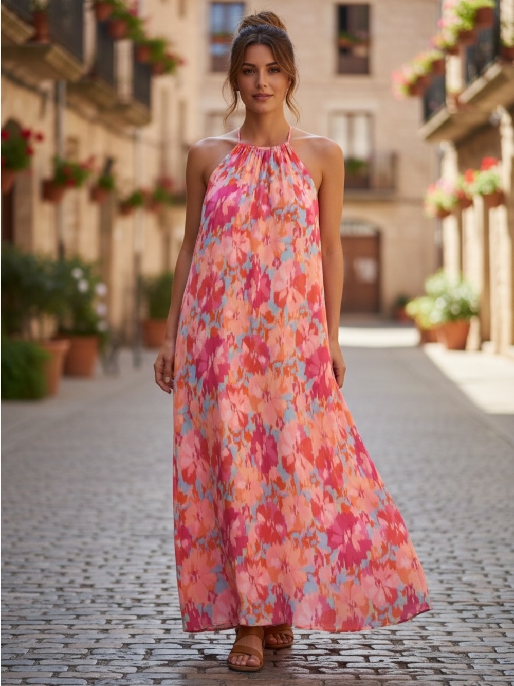 Pink Lily Halter Maxi Dress in Pink Multi Watercolor Print XL
